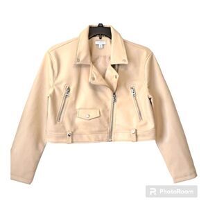 Topshop Cream Moto Jacket Faux Leather Cropped Bike Core - SZ 6